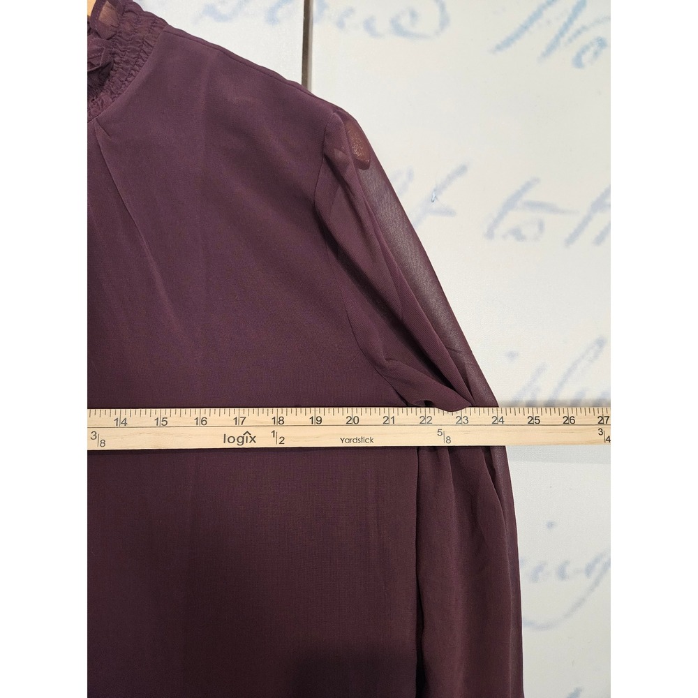 NWT Ann Taylor Blouse Size L Burgundy Smocked Mock Neck Ruffle Sheer Sleeve - Picture 6 of 8